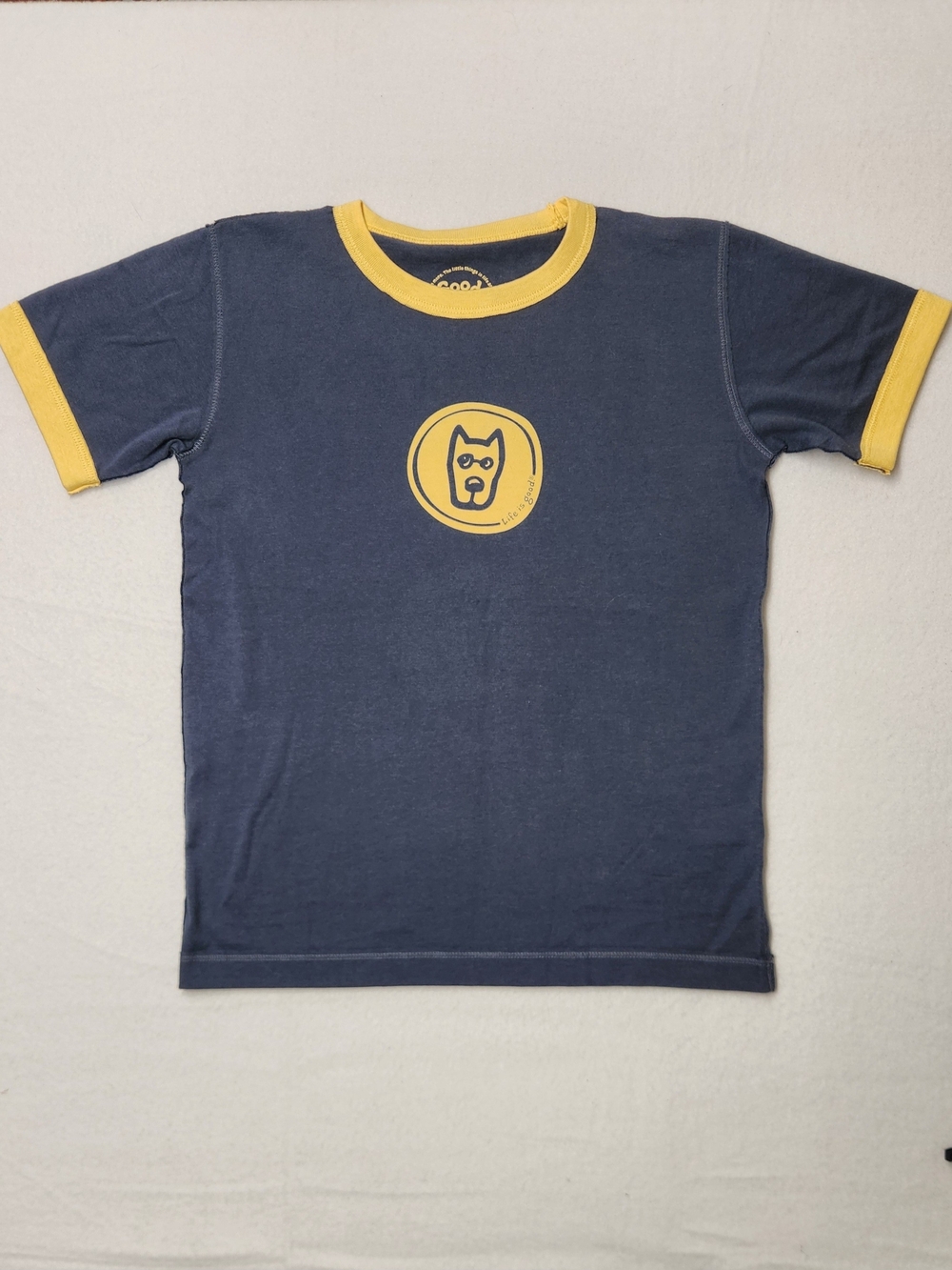 Life Is Good Kids Size 7 8 Navy Yellow Ringer Tee Dog Graphic Retro Casual Top